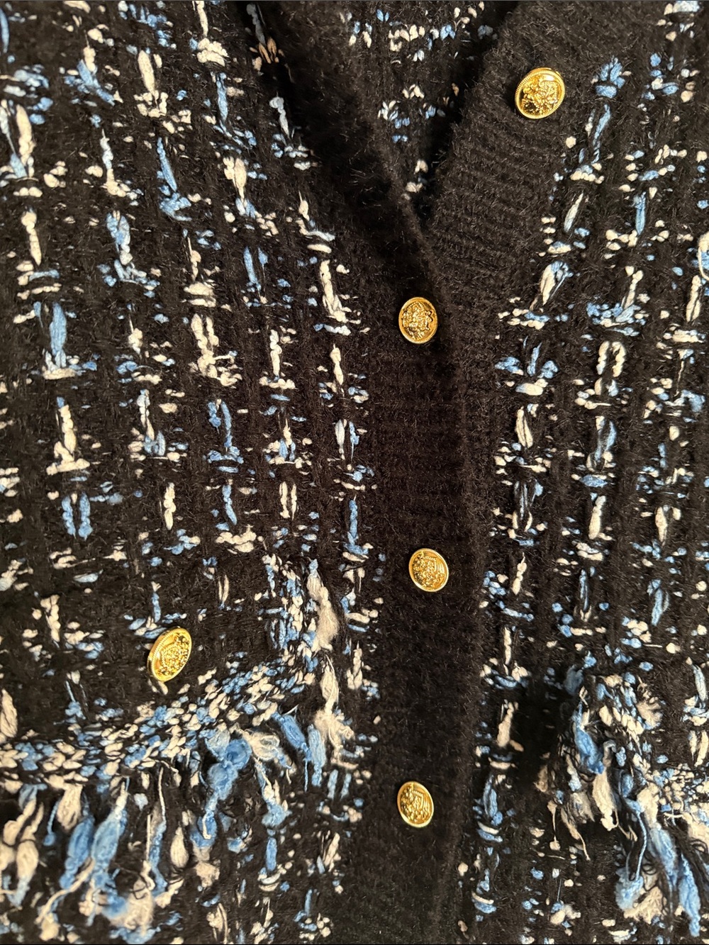 Anthropologie Black Tweed Cardigan with Blue and White Accents - Picture 2 of 9